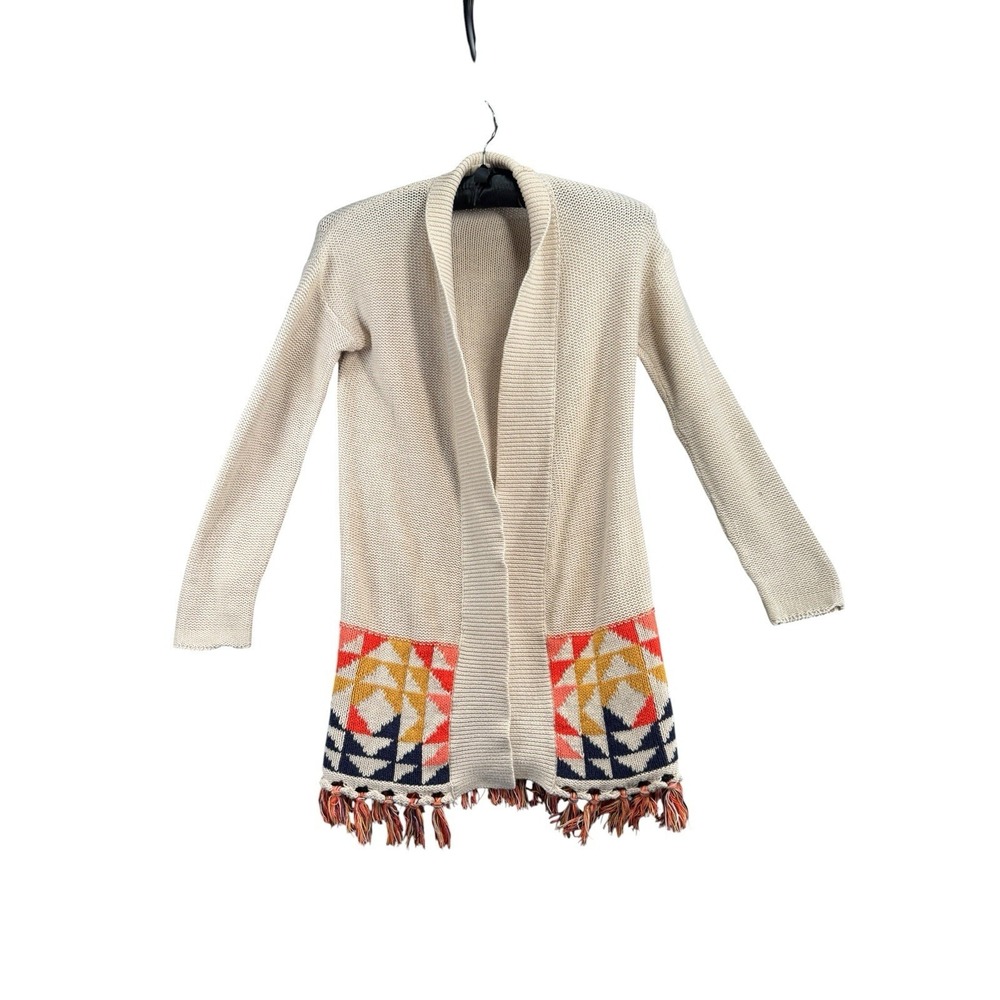Roxy Cardigan Sweater Medium Boho Fringe Geometric Tribal Open Front Knit Cozy